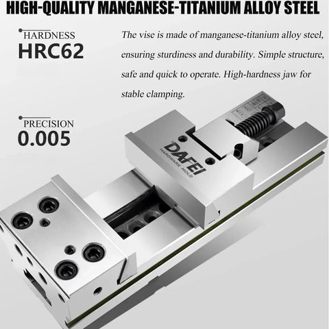 Heavy Duty 6 Inch Bench Vise With Dead Nuts 0.005mm Accuracy For CNC Milling And Boring Machines Killer Rigidity Shop Tough Hardened Steel Jaw Tool, showing HRC62 hardened manganese-titanium alloy steel and precision clamp.