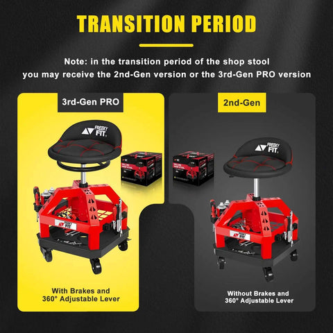 Comparison of 2nd-Gen and 3rd-Gen PRO Beefy Heavy Duty Rolling Shop Stool For Garage With Casters Adjustable Height 360 Degree Swivel Seat Tool Tray Storage 330 Lbs Capacity Padded Mechanic Stool Magnetic Tool Hold Red