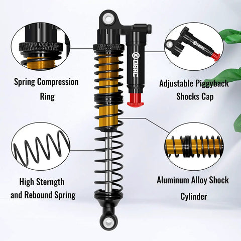 Beefy 100mm Aluminum Adjustable Piggyback RC Shock Absorber For One Tenth Crawlers Like Axial SCX10 TRX4 TRX6 D90 shown