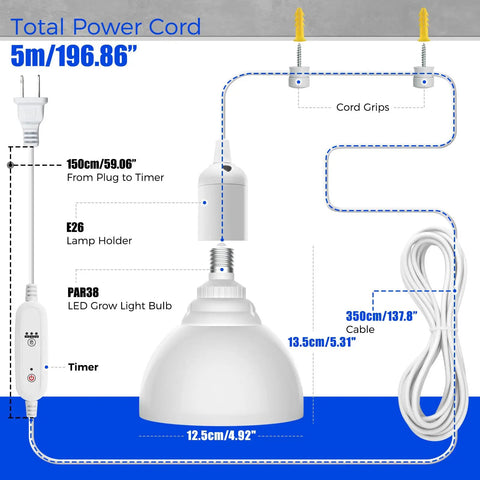 Next Level Heavy Duty Hanging Grow Light Bulbs For Indoor Plants 25W Full Spectrum power cord setup including timer and lamp holder.