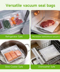 Reusable BPA Free Vacuum Sealer Bags For Food, 30 Count, showing refrigerator, microwave, sous vide, and dishwasher use