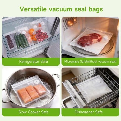 Reusable BPA Free Vacuum Sealer Bags For Food, 30 Count, showing refrigerator, microwave, sous vide, and dishwasher use
