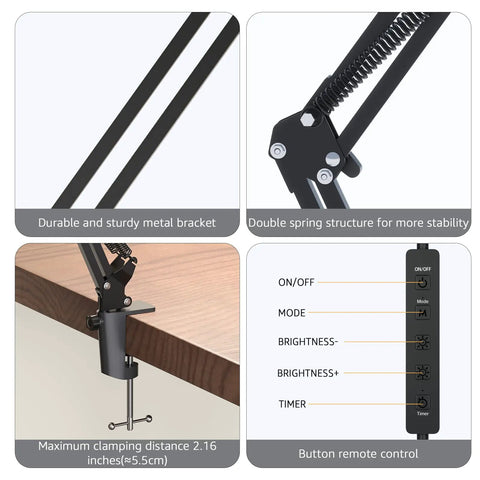 Clamp On Swing Arm LED Desk Lamp With 80 LED Beads 5 Color Modes And 11 Brightness Levels control panel and clamping mechanism