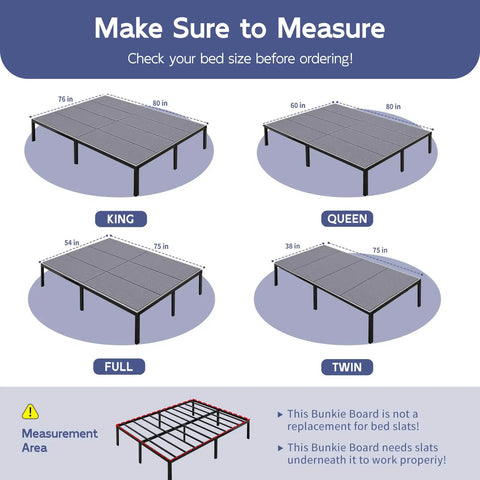 Infographic showing bed sizes with dimensions, featuring Queen Size Bunkie Board 60 X 80 for mattress support.
