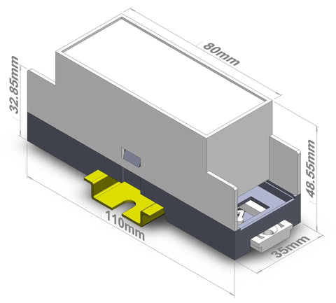 Diagram of Low Profile DIN Rail Enclosure for Home Automation, showing ABS electrical box with dimensions for 35mm rail.