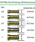 Xfitting PEX B fittings dimensional chart showing sizes from 3/8 inch to 1 inch with outside diameter measurements.