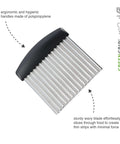 Triangle crinkle cutter with GreenGrip handle and ribbed stainless steel blade, angled front view