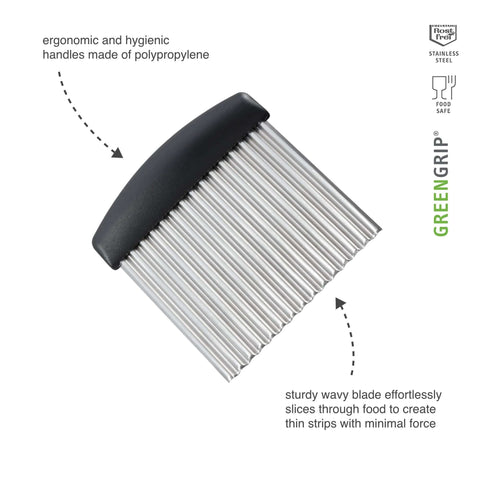 Triangle crinkle cutter with GreenGrip handle and ribbed stainless steel blade, angled front view