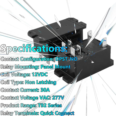 Beefy 12V DC 30A General-Purpose Relay For PCB Or Panel Mount, DPST-NO, Flange, High-Power Performance, 2-Pack specifications