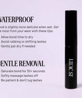 Eternal Bond Black No-Fuss Lash Glue With Mini Mascara Wand Applicator next to waterproof instructions