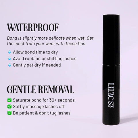 Eternal Bond Black No-Fuss Lash Glue With Mini Mascara Wand Applicator next to waterproof instructions