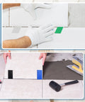 Rock Solid 600 Piece Plastic Flat Tile Shims For Structural Leveling during tile installation with gloves and tools.