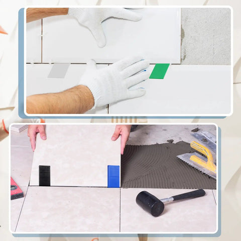 Rock Solid 600 Piece Plastic Flat Tile Shims For Structural Leveling during tile installation with gloves and tools.