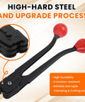 Heavy Duty Steel Strapping Sealer And Crimper Tool Featuring Double Notched Front Action That Runs Smooth With Three Quarter Inch Metal Tape Meanwhile Bad Ass Rubber Handles Get The Job Done Quick Without Breaking A Sweat, showing black steel and red rubber grips.
