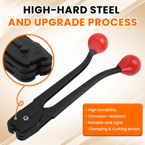 Heavy Duty Steel Strapping Sealer And Crimper Tool Featuring Double Notched Front Action That Runs Smooth With Three Quarter Inch Metal Tape Meanwhile Bad Ass Rubber Handles Get The Job Done Quick Without Breaking A Sweat, showing black steel and red rubber grips.