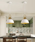 Rustic White Farmhouse Pendant Light Fixture With Retro Geometric Dome over kitchen island, featuring solid metal construction, 78.74 inch wire.