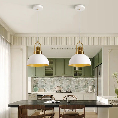 Rustic White Farmhouse Pendant Light Fixture With Retro Geometric Dome over kitchen island, featuring solid metal construction, 78.74 inch wire.
