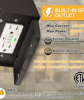 Close-up of Porch Light With Built In GFCI Outlet Dusk To Dawn Exterior Wall Mount Fixture showing outlet with protective cover.