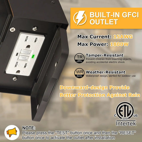Close-up of Porch Light With Built In GFCI Outlet Dusk To Dawn Exterior Wall Mount Fixture showing outlet with protective cover.
