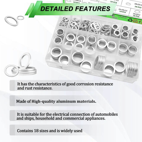 580 Piece Aluminum Oil Drain Plug Crush Washer Kit With 18 Sizes From M6 To M24, shown in organized slots with washers visible