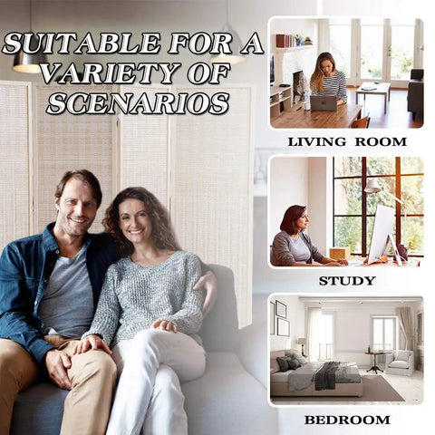 Promotional image showing Bamboo Room Divider Folding Privacy Screen in living room, study, and bedroom settings with couples.