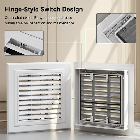 Solid Build Aluminum Louvered Access Panel Door With Built In Filter Grid And No Sweat Hinge Setup For Crisp Drywall Flush And Sweet Breeze Flow Measuring Eighteen By Twenty Four Inches with hinge design.