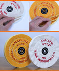 Premium 6 Inch Cotton Buffing Wheel Kit For Bench Grinders And Polishers showing white and yellow buffing wheels with half inch arbor.