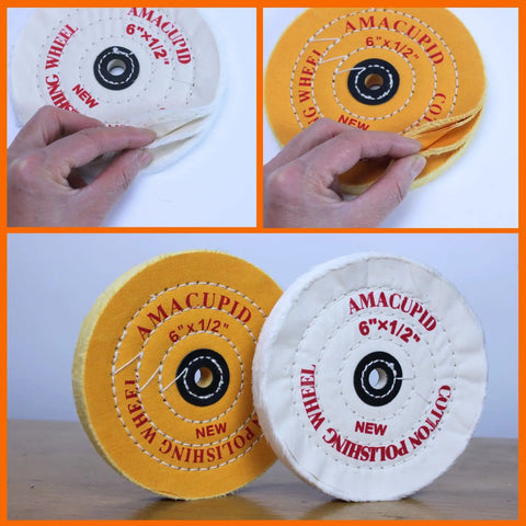 Premium 6 Inch Cotton Buffing Wheel Kit For Bench Grinders And Polishers showing white and yellow buffing wheels with half inch arbor.