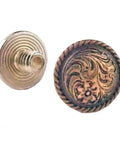 Real Deal Antique Copper Quick Swap Fasteners With Three Sixteenths Inch Threads And Half Inch Dome Caps Ships Inside A Solid Ten Piece Bundle Perfect For Leather Work That Requires A Tight Lockdown Crafters Really Dig, showing detailed antique copper screw with floral design.