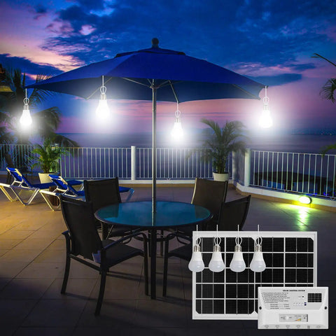 Off Grid Solar Pendant Lights With 12W Panel Four LED Bulbs And 6000mAh Battery For Phone Charging Indoor Outdoor Home Yard Camping Shed Barn Emergency Power Backup With USB DC Outlets