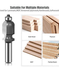 Get Your Hands On This 1/2 Inch Shank Architectural Molding Router Bit For Smooth Flush Trimming Of Laminate and Veneer With Precision Face Milling Perfection Every Single Time For Serious Woodworking Pros Who Demand Flawless Edges, showcasing multiple wood types.