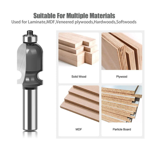 Get Your Hands On This 1/2 Inch Shank Architectural Molding Router Bit For Smooth Flush Trimming Of Laminate and Veneer With Precision Face Milling Perfection Every Single Time For Serious Woodworking Pros Who Demand Flawless Edges, showcasing multiple wood types.