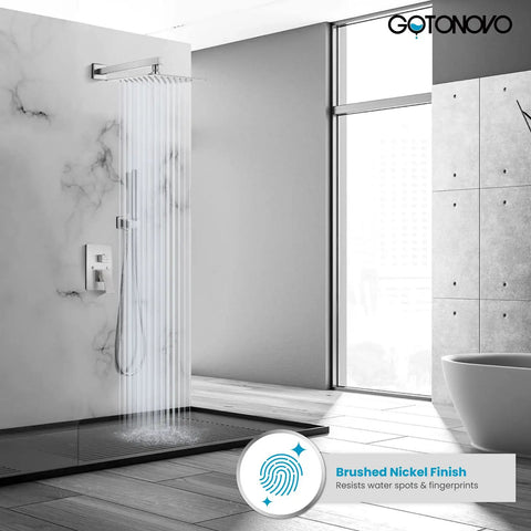 Chrome Polished Shower Faucet Set With 12 Inch Square Rainfall Showerhead, Wall Mount System in modern bathroom setting