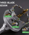 Close-up of 18 Pc Metal Hole Saw Kit with TCT Carbide Teeth showing three-blade design and labeled components, stainless steel