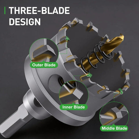 Close-up of 18 Pc Metal Hole Saw Kit with TCT Carbide Teeth showing three-blade design and labeled components, stainless steel
