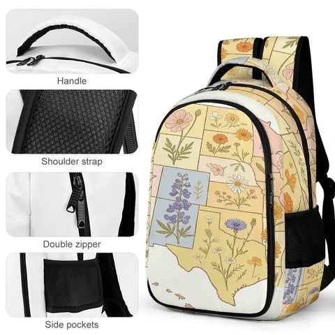 Vintage Botanical State Flower Map Backpack For Everyday Carry, featuring durable polyester, side pockets, and double zipper.