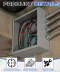 12x12x6 Inch Beefy Steel Electrical Enclosure Pull Box With Screw Cover, wall-mounted outdoors, wires visible, painted gray