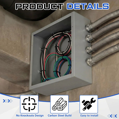 12x12x6 Inch Beefy Steel Electrical Enclosure Pull Box With Screw Cover, wall-mounted outdoors, wires visible, painted gray