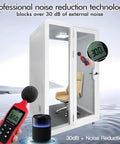 Rock Solid Soundproof Office Pod Featuring Tight Acoustic Sealing For Mobile Focus Booth, shown with sound meter measuring 30dB, modern seating.