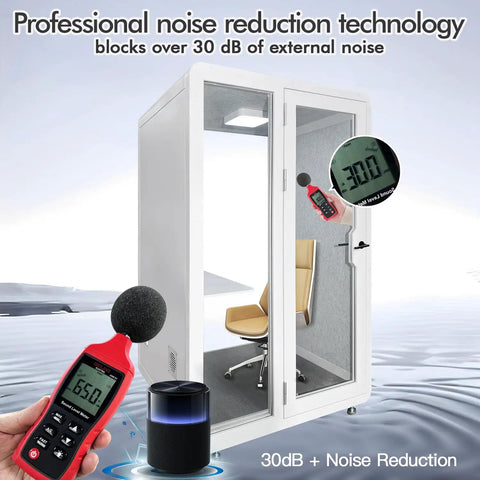 Rock Solid Soundproof Office Pod Featuring Tight Acoustic Sealing For Mobile Focus Booth, shown with sound meter measuring 30dB, modern seating.