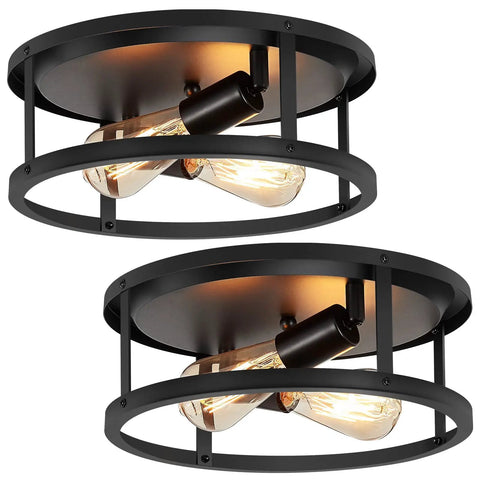 2 Pack 13 Inch Matte Black Flush Mount Ceiling Light Fixture, Dope Industrial Farmhouse Open Frame 2 Light Design, E26 Base