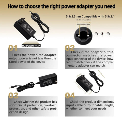 Diagram explaining compatibility of 24V 3A Power Supply Adapter 72W AC To DC Converter with adapter and device tips.