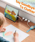 Child drawing on desk with tablet stand and Dual Spring Cord Clips Pack No Slip Adhesive Cable Organizer for chargers and wires.