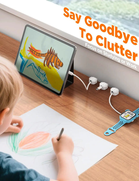 Child drawing on desk with tablet stand and Dual Spring Cord Clips Pack No Slip Adhesive Cable Organizer for chargers and wires.