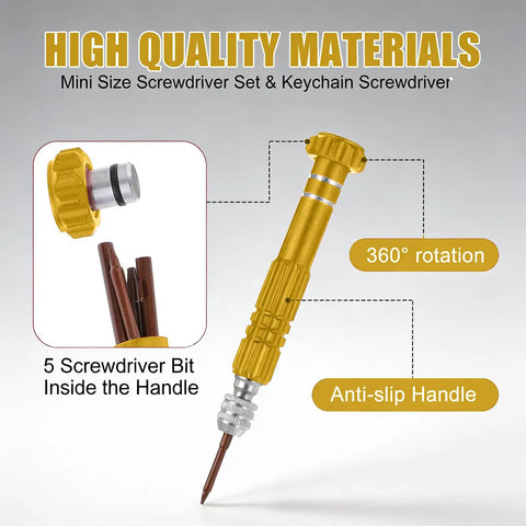 Close-up of golden 5 In 1 Multifunctional Mini Precision Screwdriver Pen with magnetic bits displayed apart, showing anti-slip handle.