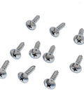 Set of stainless steel Phillips head screws scattered on a white background.