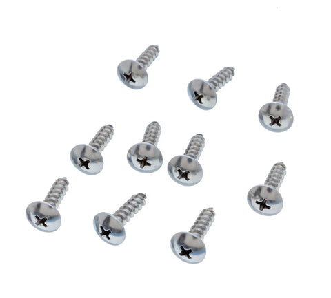 Set of stainless steel Phillips head screws scattered on a white background.