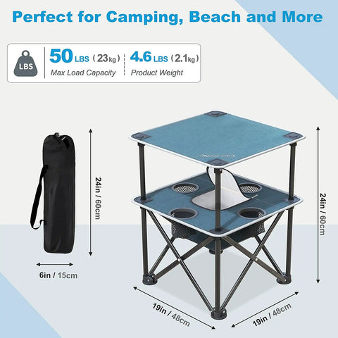Folding Beach Table For Sand Camping With Insulated Cooler Storage And Four Cup Holders Portable Pop Up Picnic Table shown with dimensions