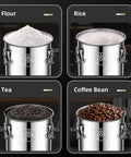 Massive 304 Stainless Steel Airtight Food Storage Bin With Heavy Duty Locking Clamps For Serious Kitchen Pantry Reset holds flour, rice, tea, coffee beans.