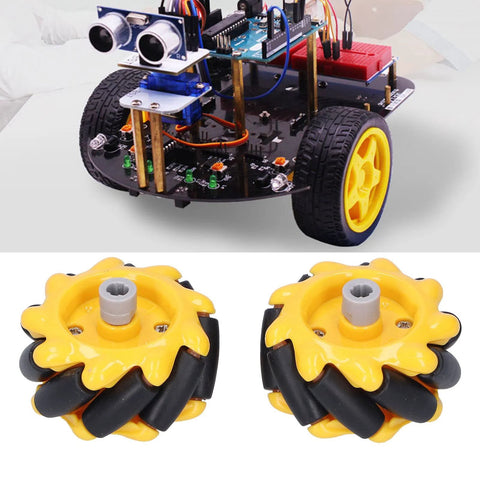 Jinlorion Mecanum wheel set, 48mm omni wheels in yellow and black, two pairs for DIY robot cars (installed view)